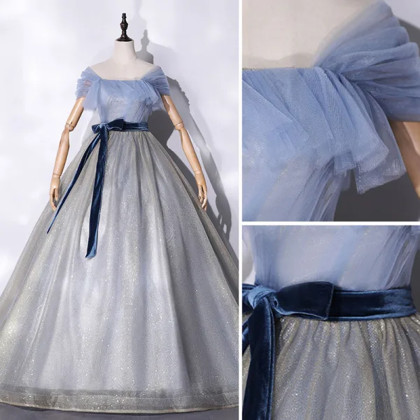 Fashion Silver Prom Dresses 2021 Ball Gown Ruffle Square Neckline Short Sleeve Backless Suede Bow Sash Sequins Floor-Length / Long Formal Dresses