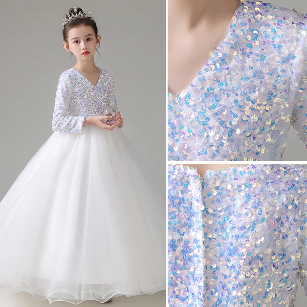 Chic / Beautiful Ivory Sequins Birthday Flower Girl Dresses 2022 Ball Gown V-Neck Long Sleeve Floor-Length / Long Flower Girl Dresses