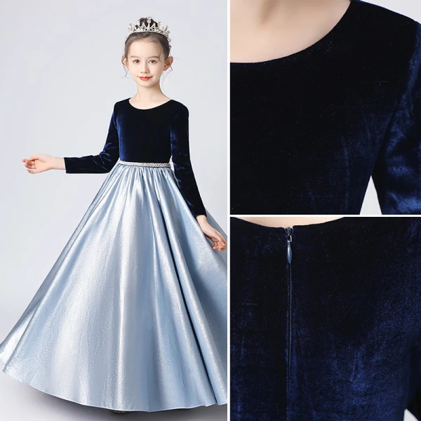 Vintage / Retro Navy Blue Suede Satin Birthday Flower Girl Dresses 2022 A-Line / Princess Scoop Neck Long Sleeve Floor-Length / Long Flower Girl Dresses