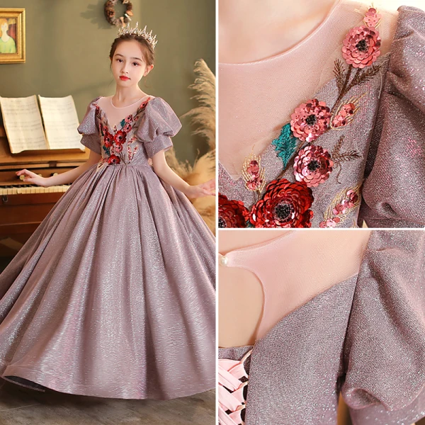 Sparkly Lavender Glitter Sequins Lace Flower Flower Girl Dresses 2022 Ball Gown Birthday Scoop Neck Short Sleeve Backless Floor-Length / Long Flower Girl Dresses