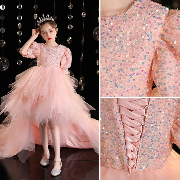 Mode Rougissant Rose Volants en Cascade Anniversaire Soirée Robe Ceremonie Fille 2022 Robe Boule Encolure Dégagée Paillettes Manches Courtes Dos Nu Tribunal Train Robe Ceremonie Fille