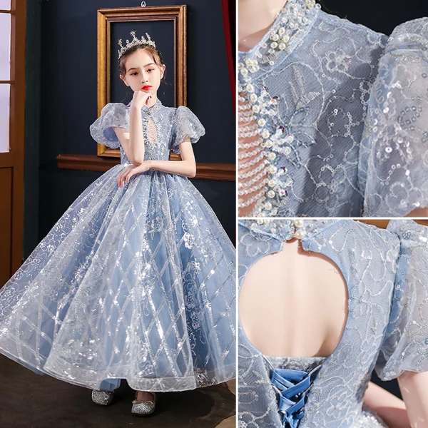 Sparkly Sky Blue Pearl Rhinestone Sequins Birthday Flower Girl Dresses 2022 Ball Gown High Neck Puffy Short Sleeve Backless Floor-Length / Long Flower Girl Dresses