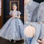 Sparkly Sky Blue Pearl Rhinestone Sequins Birthday Flower Girl Dresses 2022 Ball Gown High Neck Puffy Short Sleeve Backless Floor-Length / Long Flower Girl Dresses