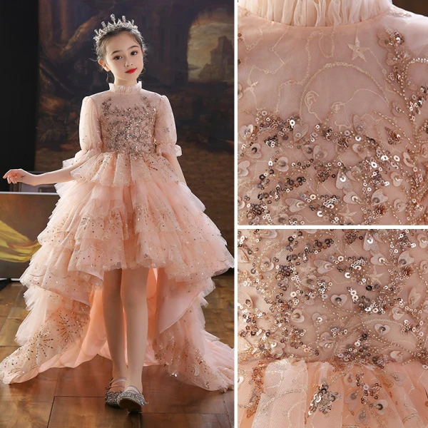 Chic / Beautiful Pearl Pink Beading Lace Sequins Cascading Ruffles Birthday Flower Girl Dresses 2022 Ball Gown High Neck 1/2 Sleeves Sweep Train Flower Girl Dresses