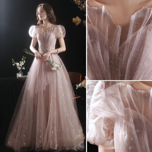 Charmant Rose Sombre Robe De Bal 2021 Princesse Perlage Perle Paillettes Encolure Carrée Gonflée Manches Courtes Dos Nu Longue Robe De Ceremonie