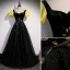 Elegante Schwarz Ballkleider 2022 A Linie Eckiger Ausschnitt Perlenstickerei Schleife Stoffgürtel Geschwollenes Kurze Ärmel Rückenfreies Lange Festliche Kleider