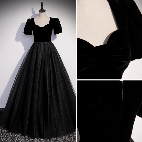 Elegant Black Suede Prom Dresses 2022 A-Line / Princess Square Neckline Short Sleeve Floor-Length / Long Formal Dresses