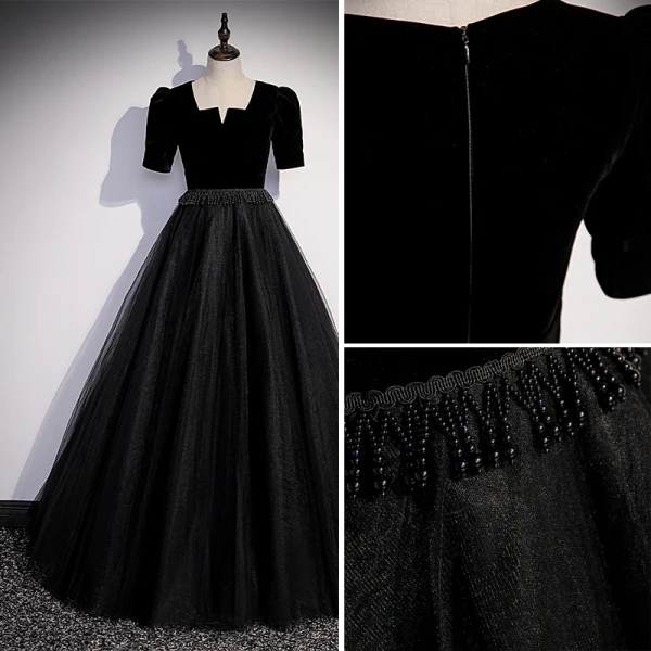 Elegant Black Suede Prom Dresses 2022 A-Line / Princess Square Neckline Beading Tassel Short Sleeve Floor-Length / Long Formal Dresses