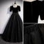 Elegant Black Suede Prom Dresses 2022 A-Line / Princess Square Neckline Beading Tassel Short Sleeve Floor-Length / Long Formal Dresses