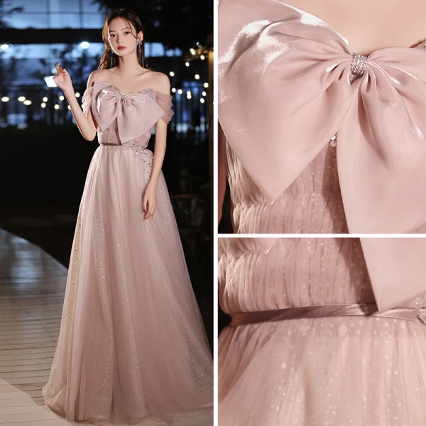 Chic / Belle Rougissant Rose Robe De Bal 2022 Princesse De l'épaule Noeud Paillettes Faux Diamant Manches Courtes Dos Nu Longue Robe De Ceremonie