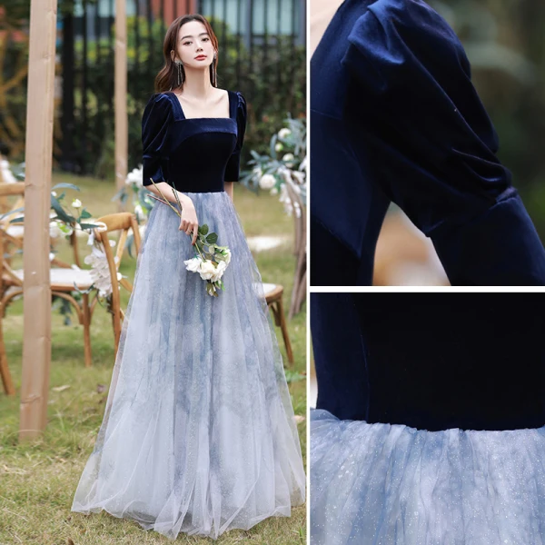 Elegant Navy Blue Suede Prom Dresses 2022 A-Line / Princess Square Neckline 1/2 Sleeves Backless Floor-Length / Long Formal Dresses