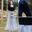 Elegant Navy Blue Suede Prom Dresses 2022 A-Line / Princess Square Neckline 1/2 Sleeves Backless Floor-Length / Long Formal Dresses
