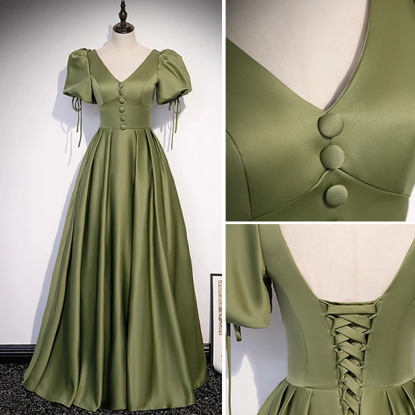 Modest / Simple Clover Green Satin Prom Dresses 2022 A-Line / Princess V-Neck Puffy Short Sleeve Backless Floor-Length / Long Formal Dresses