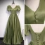 Modest / Simple Clover Green Satin Prom Dresses 2022 A-Line / Princess V-Neck Puffy Short Sleeve Backless Floor-Length / Long Formal Dresses