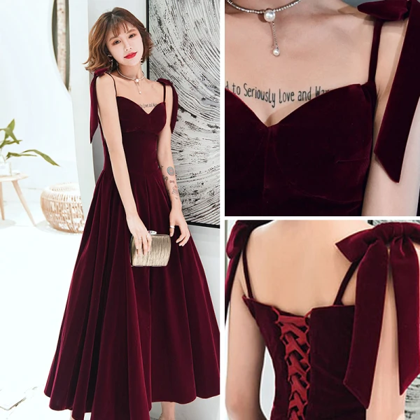 Modest / Simple Burgundy Suede Prom Dresses 2022 A-Line / Princess Spaghetti Straps Bow Sleeveless Backless Floor-Length / Long Formal Dresses