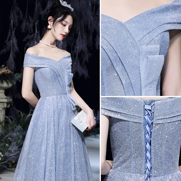 Charming Sparkly Sky Blue Glitter Sequins Prom Dresses 2022 A-Line / Princess Off-The-Shoulder Bow Short Sleeve Backless Floor-Length / Long Formal Dresses