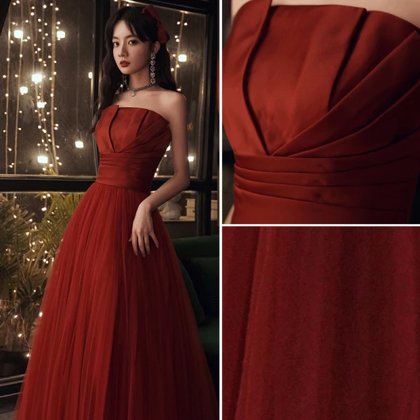 Chic / Beautiful Burgundy Prom Dresses 2022 A-Line / Princess Strapless Sleeveless Backless Floor-Length / Long Formal Dresses