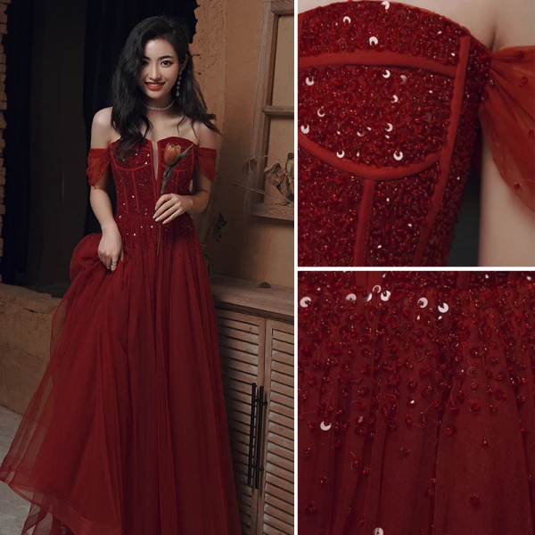 Chic / Belle Bordeaux Perlage Paillettes Robe De Bal 2022 Princesse De l'épaule Manches Courtes Dos Nu Longue Robe De Ceremonie