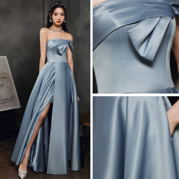 Classy Sky Blue Satin Prom Dresses 2022 A-Line / Princess One-Shoulder Short Sleeve Backless Floor-Length / Long Formal Dresses