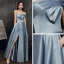 Classy Sky Blue Satin Prom Dresses 2022 A-Line / Princess One-Shoulder Short Sleeve Backless Floor-Length / Long Formal Dresses