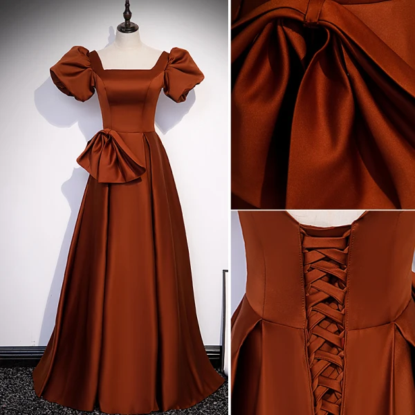 Elegant Brown Satin Prom Dresses 2022 A-Line / Princess Square Neckline Puffy Short Sleeve Bow Backless Floor-Length / Long Formal Dresses