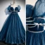 Élégant Océan Bleu Paillettes Robe De Bal 2022 Robe Boule Encolure Dégagée Gonflée Manches Courtes Noeud Longue Robe De Ceremonie