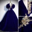 Vintage / Retro Royal Blue Suede Prom Dresses 2022 Ball Gown V-Neck Puffy Short Sleeve Rhinestone Lace Flower Backless Floor-Length / Long Formal Dresses