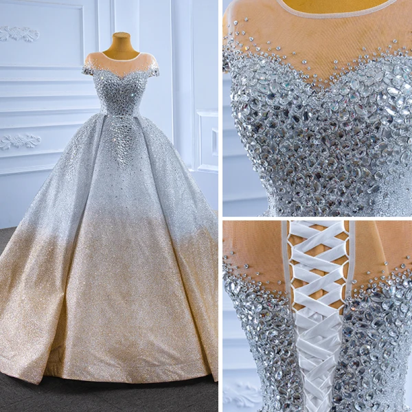 High-end Silver Gradient-Color Wedding Dresses 2022 Ball Gown Scoop Neck Handmade  Beading Rhinestone Sequins Short Sleeve Chapel Train Wedding