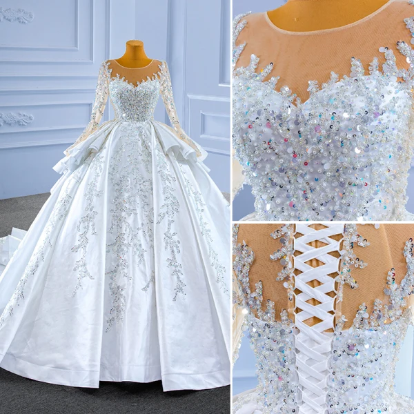 Luxury / Gorgeous High-end Handmade  Beading Pearl Sequins White Wedding Dresses 2022 Ball Gown Cascading Ruffles Scoop Neck Long Sleeve Royal Train Wedding