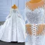 Luxury / Gorgeous High-end Handmade  Beading Pearl Sequins White Wedding Dresses 2022 Ball Gown Cascading Ruffles Scoop Neck Long Sleeve Royal Train Wedding