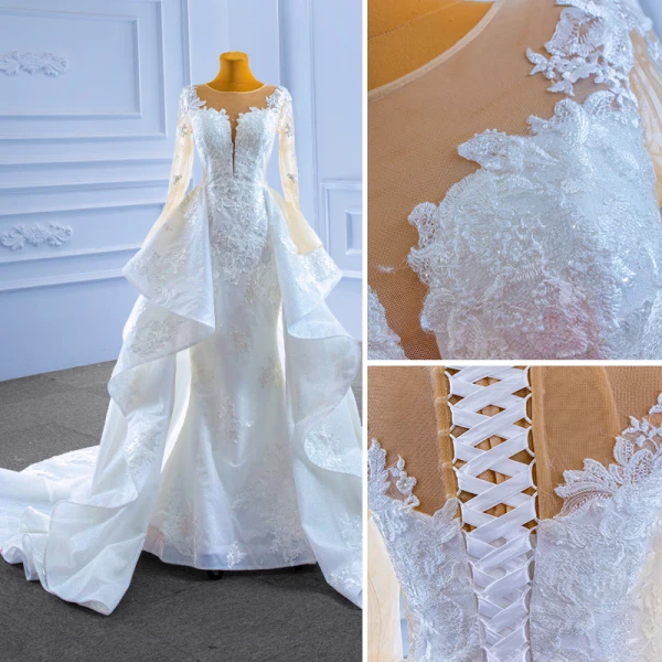 High End Weiß Perlenstickerei Spitze Blumen Fallende Rüsche Brautkleider / Hochzeitskleider 2022 Meerjungfrau Rundhalsausschnitt Lange Ärmel Hof-Schleppe Hochzeit