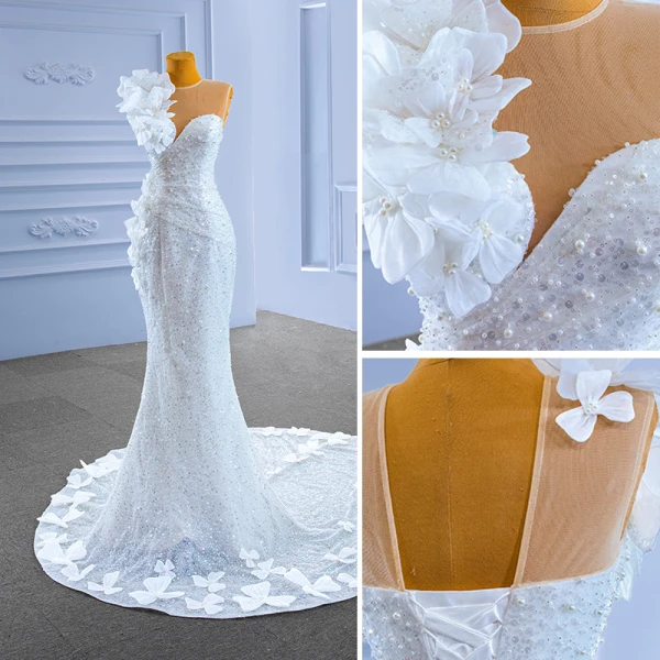 Sparkly High-end White Beading Pearl Sequins Wedding Dresses 2022 Trumpet / Mermaid Scoop Neck Appliques Sleeveless Backless Chapel Train Wedding