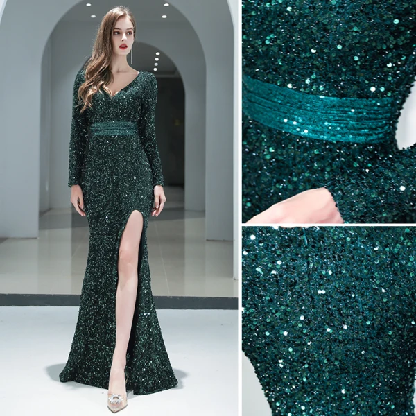 Sexy Glitzernden Dunkelgrün Perlenstickerei Pailletten Abendkleider 2022 Meerjungfrau V-Ausschnitt Lange Ärmel Gespaltete Front Lange Abend Festliche Kleider