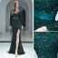 Sexy Glitzernden Dunkelgrün Perlenstickerei Pailletten Abendkleider 2022 Meerjungfrau V-Ausschnitt Lange Ärmel Gespaltete Front Lange Abend Festliche Kleider