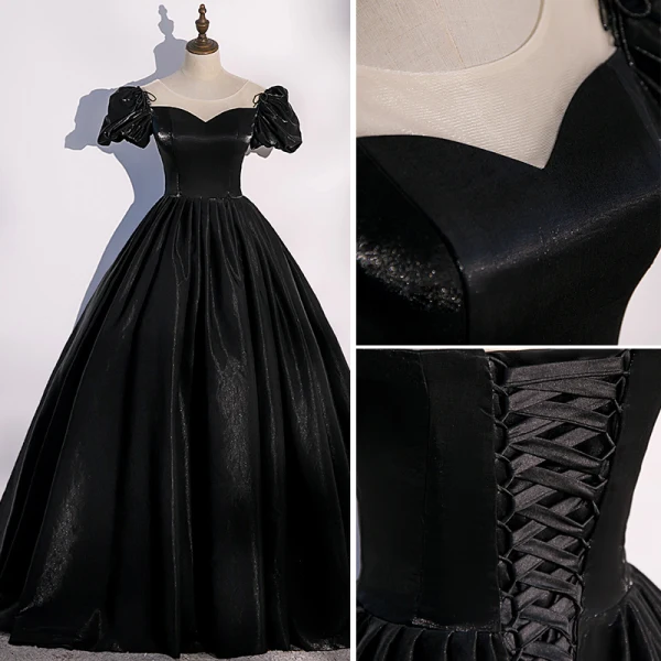 Vintage / Retro Black Satin Prom Dresses 2022 Ball Gown Scoop Neck Puffy Short Sleeve Backless Floor-Length / Long Formal Dresses