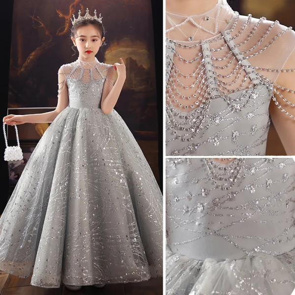 Chic / Beautiful Grey Birthday Flower Girl Dresses 2022 Ball Gown High Neck Beading Rhinestone Sequins Sleeveless Floor-Length / Long Flower Girl Dresses