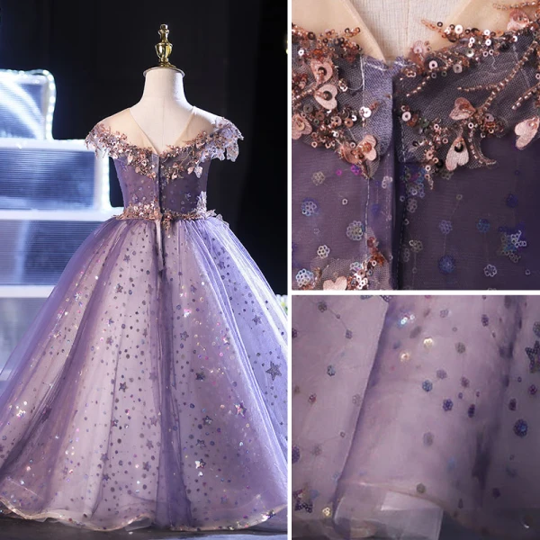 Schöne Traube Perlenstickerei Star Pailletten Geburtstag Blumenmädchenkleider 2022 Ballkleid Rundhalsausschnitt Kurze Ärmel Rückenfreies Lange Blumenmädchenkleider