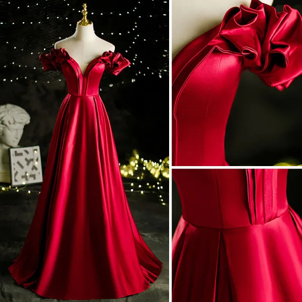 Elegant Burgundy Satin Prom Dresses 2021 A-Line / Princess Off-The-Shoulder Sleeveless Backless Floor-Length / Long Formal Dresses