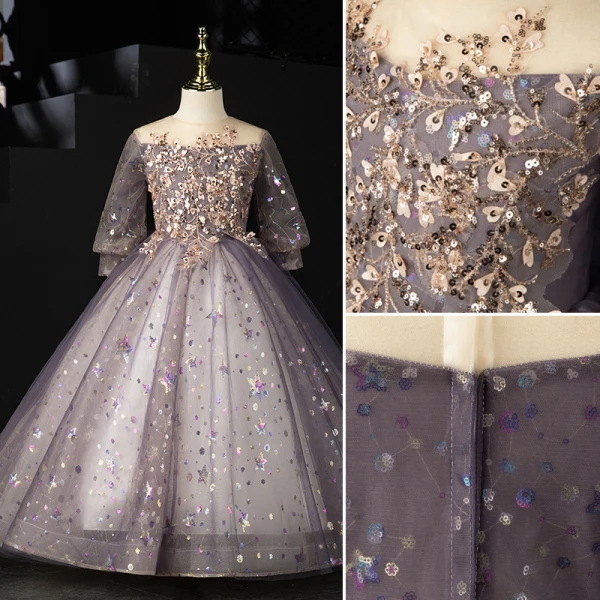 Chic / Beautiful Purple Beading Sequins Birthday Flower Girl Dresses 2022 Ball Gown Scoop Neck Long Sleeve Floor-Length / Long Flower Girl Dresses