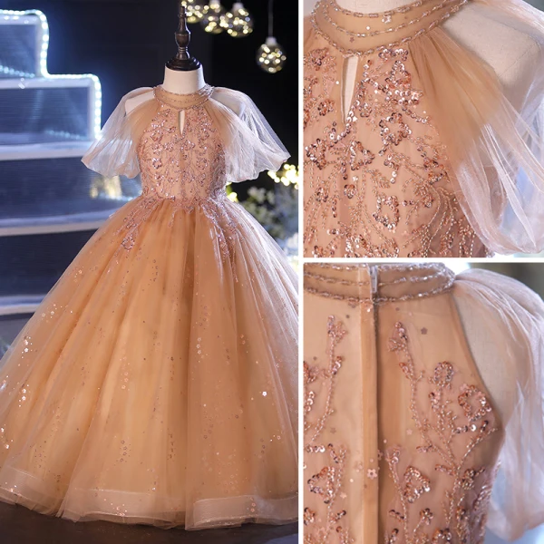 Chic / Beautiful Champagne Birthday Flower Girl Dresses 2022 Ball Gown High Neck Puffy Short Sleeve Beading Sequins Floor-Length / Long Flower Girl Dresses