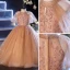Chic / Beautiful Champagne Birthday Flower Girl Dresses 2022 Ball Gown High Neck Puffy Short Sleeve Beading Sequins Floor-Length / Long Flower Girl Dresses