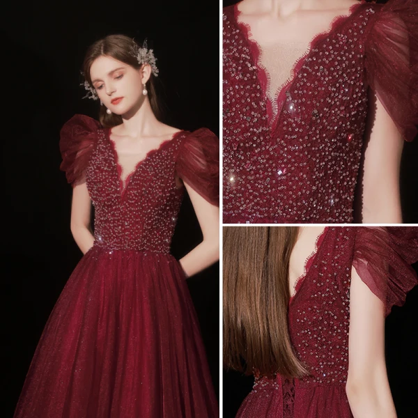 Charming Burgundy Prom Dresses 2022 A-Line / Princess V-Neck Puffy Short Sleeve Beading Sequins Backless Floor-Length / Long Formal Dresses