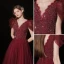 Charming Burgundy Prom Dresses 2022 A-Line / Princess V-Neck Puffy Short Sleeve Beading Sequins Backless Floor-Length / Long Formal Dresses