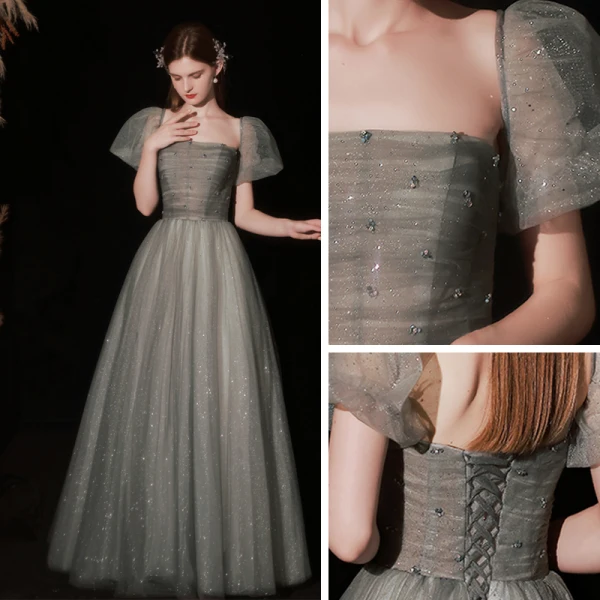 Chic / Beautiful Glitter Sage Green Prom Dresses 2022 A-Line / Princess Strapless Puffy Short Sleeve Backless Floor-Length / Long Prom Formal Dresses