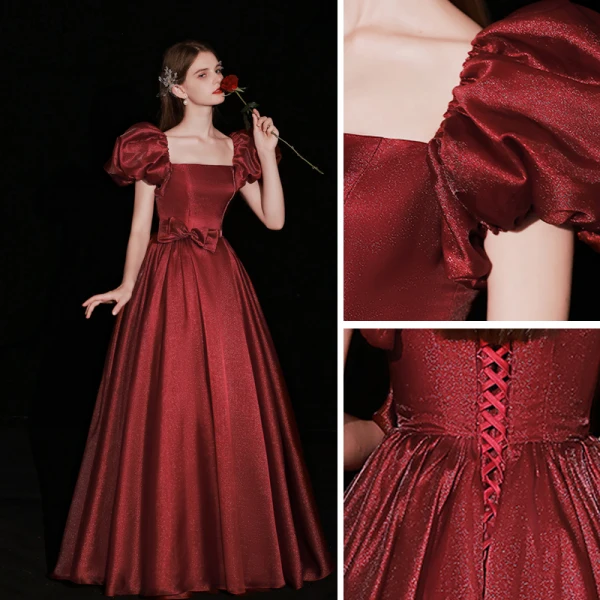 Elegant Burgundy Satin Prom Dresses 2022 A-Line / Princess Square Neckline Puffy Short Sleeve Bow Backless Floor-Length / Long Formal Dresses