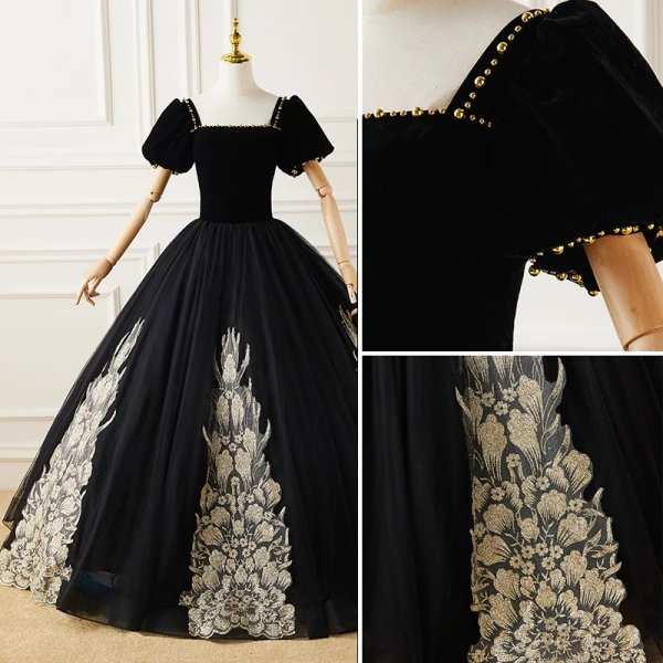 Elegant Black Suede Prom Dresses 2022 Ball Gown Square Neckline Puffy Short Sleeve Appliques Backless Floor-Length / Long Formal Dresses