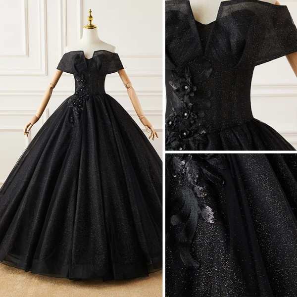 Élégant Noire Glitter Robe De Bal 2022 Robe Boule De l'épaule Faux Diamant Paillettes En Dentelle Fleur Manches Courtes Dos Nu Longue Robe De Bal