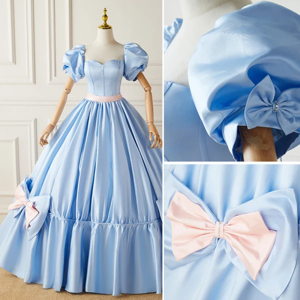 Lovely Sky Blue Satin Pleated Prom Dresses 2022 Ball Gown Strapless Puffy Short Sleeve Backless Bow Floor-Length / Long Formal Dresses