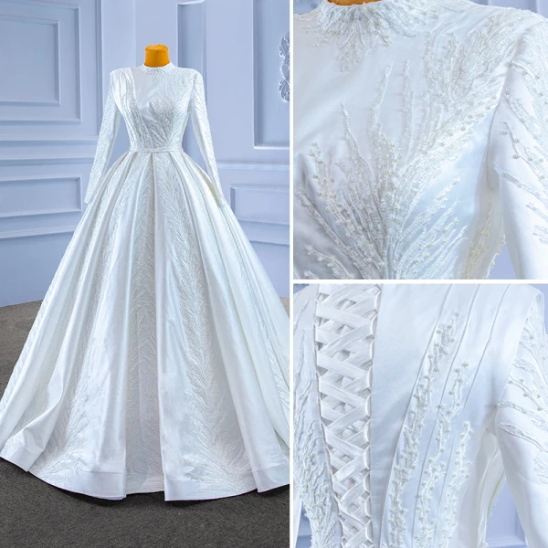 Muslim Elegant White Satin Wedding Dresses 2022 Ball Gown High Neck Handmade  Beading Pearl Lace Flower Long Sleeve Floor-Length / Long Wedding