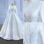 Muslim Elegant White Satin Wedding Dresses 2022 Ball Gown High Neck Handmade  Beading Pearl Lace Flower Long Sleeve Floor-Length / Long Wedding